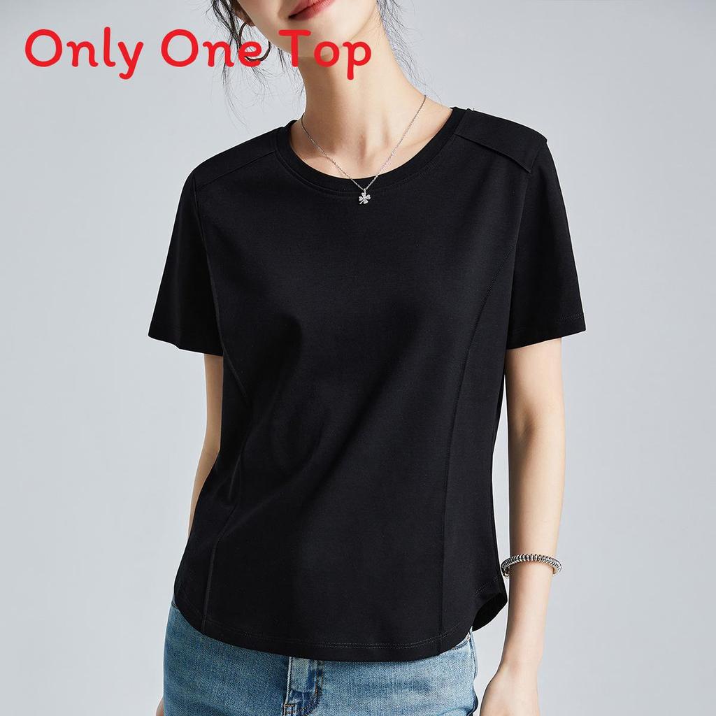Camiseta de Manga Corta de Algodón y Seda para Mujer con Diseño de Empalme para Estilo Urbano Casual
