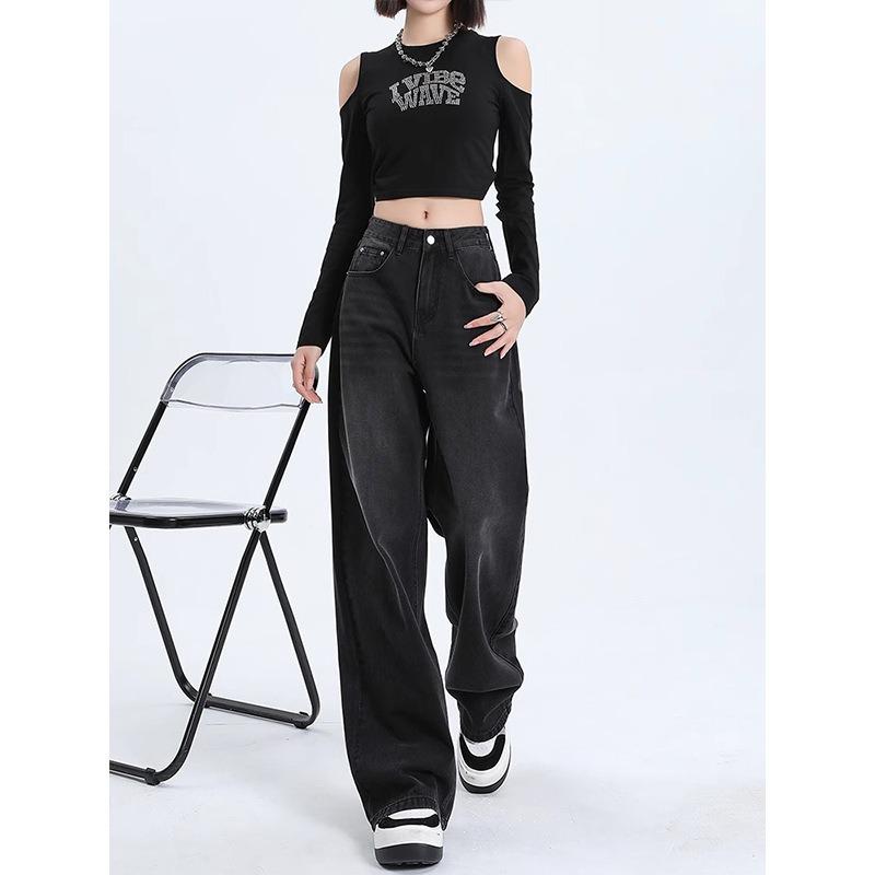 Black and gray high-waisted wide-leg jeans for women's spring, new loose and thin straight extended pants