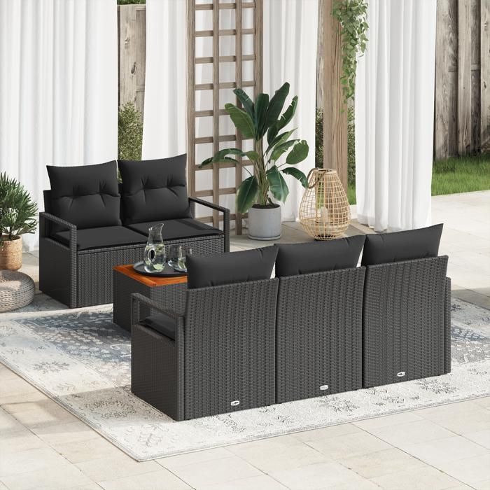 VidaXL Ensemble de Canapés de Jardin de 6 Pièces avec Coussins Noir Poly Rattan Acacia 3347646