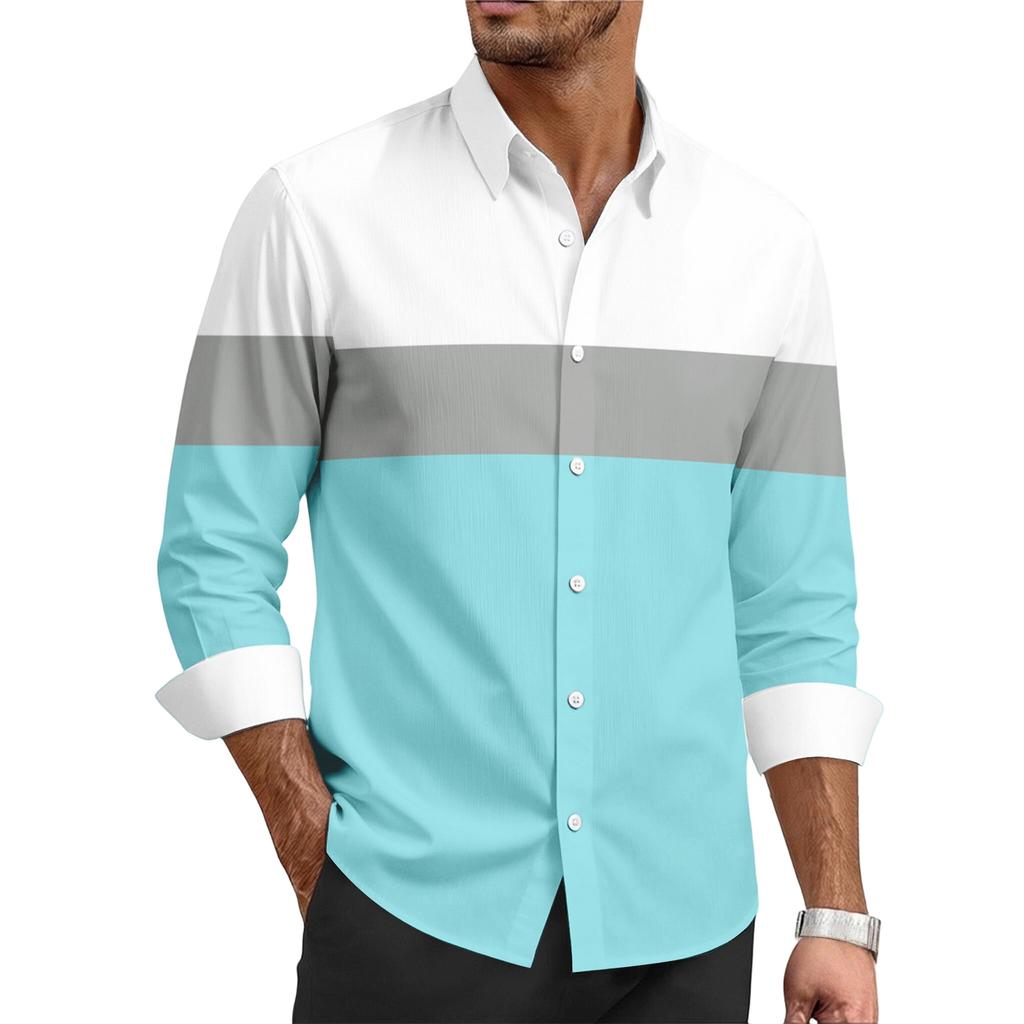 Men's Casual Stylish Striped Printed Shirt - Men's Lapel Buttoned Long-sleeved Shirt