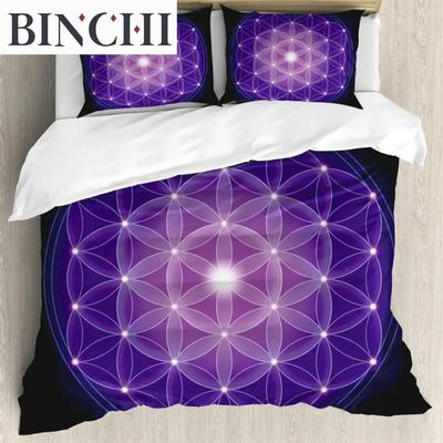 Dunkelblauer Bettbezug Blume des Lebens mit Sternen Geometrie 3-teiliges Bettwäscheset Abstrakt 3D-Druck Spirituelles Symbol Sakrale Steppdecke