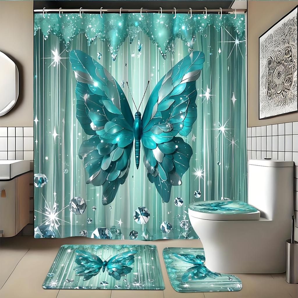 4PCS Luxury Diamond Butterfly Bathroom Set, Waterproof Shower Curtain with Non-slip Rugs, U-shaped Mat  Toilet Cover 12 Hooks