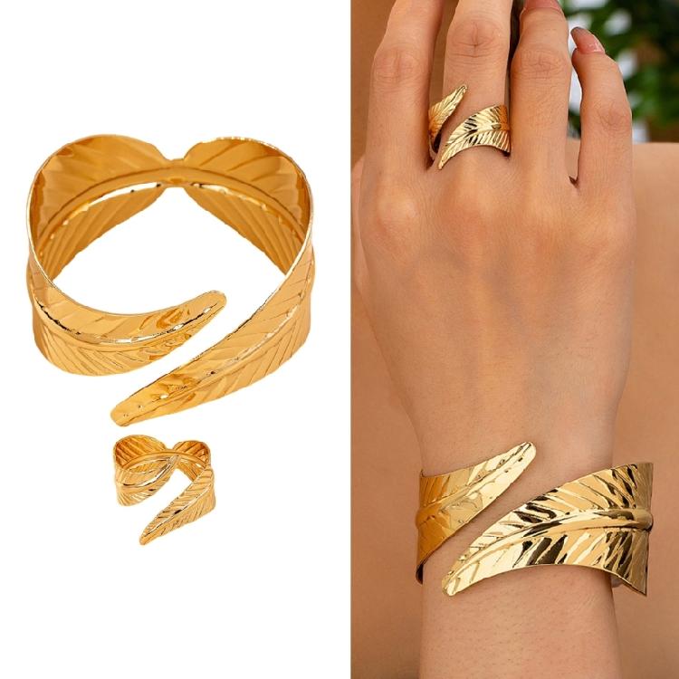 2 Stück Geometrische Blatt Manschettenarmreifen und Ring Mode Feiertags-Schmuckset Trendige Accessoires für Partys und Festivals