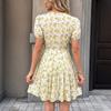 Summer New Style Country-style Short Skirt with Floral Pattern, V-neck, Short Sleeves, and Fishbone Waistline Closure Dress