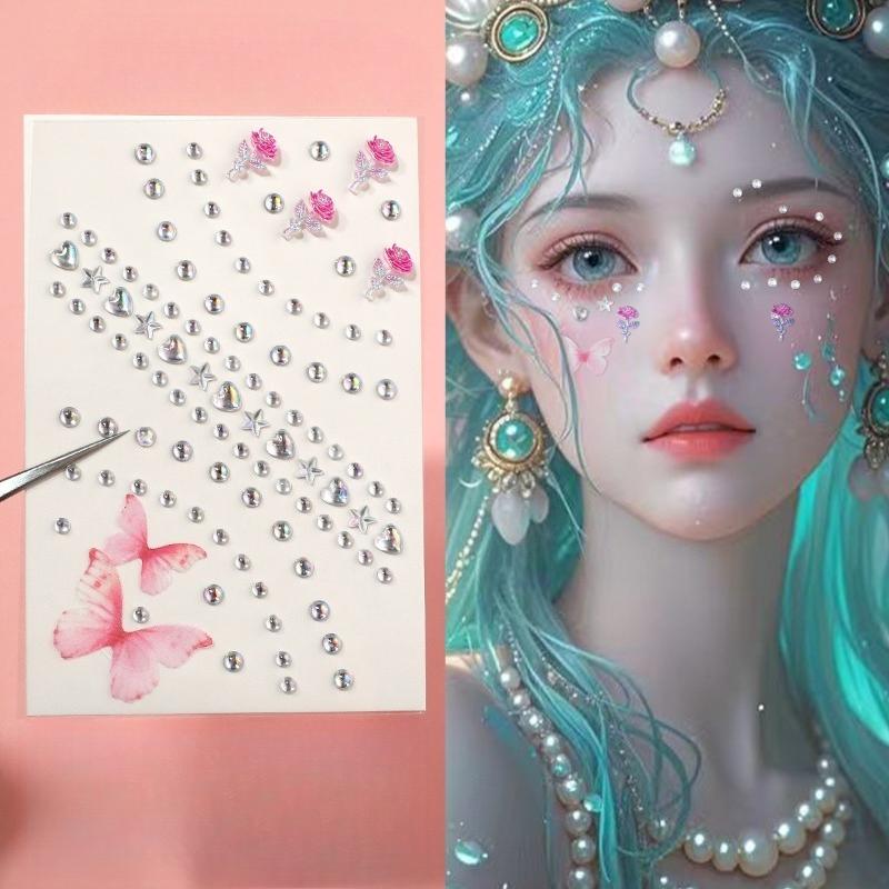 Neue Strass-Schmetterlings-Gesichtsaufkleber mit Perlen, temporäre Tattoo-Aufkleber, langlebig, wasserdicht, Glitzer-Lidschatten, Körper für Festival-Make-up