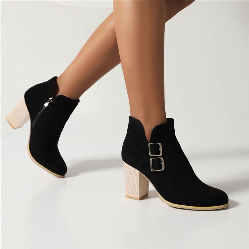 FOREADA Women Ankle Boots Round Toe Chunky High Heels Buckle Zipper Short Boots Concise Lady Fashion Shoes Winter Black Brown 43