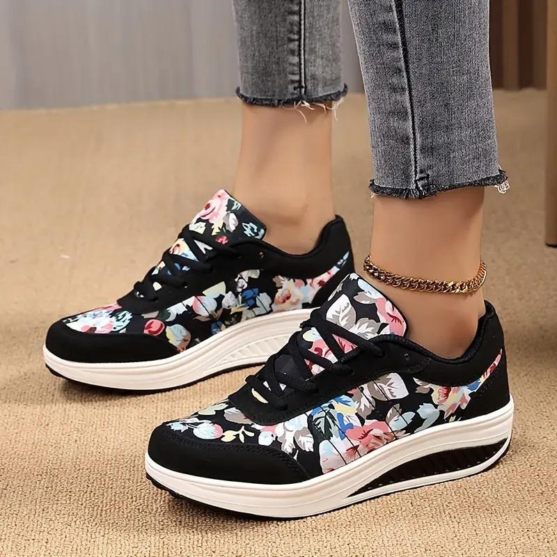 Women's Vintage Print Casual Sneakers Lace Up Platform Soft Sole Walking Shoes Round Toe Sport Shoes