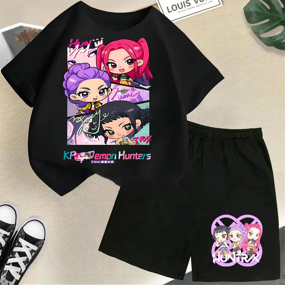 Moda Informal Estampado 3D Infantil Ola Coreana Cazador de Demonios Película Dibujos Animados Niños y Niñas Conjunto de Manga Corta