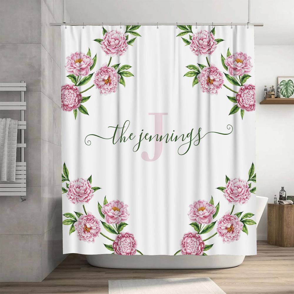 Floral Print Personalized Shower Curtain for Bathroom Decor Custom Name Initials Pink Peonies Design Made of Water-Resistant Fab