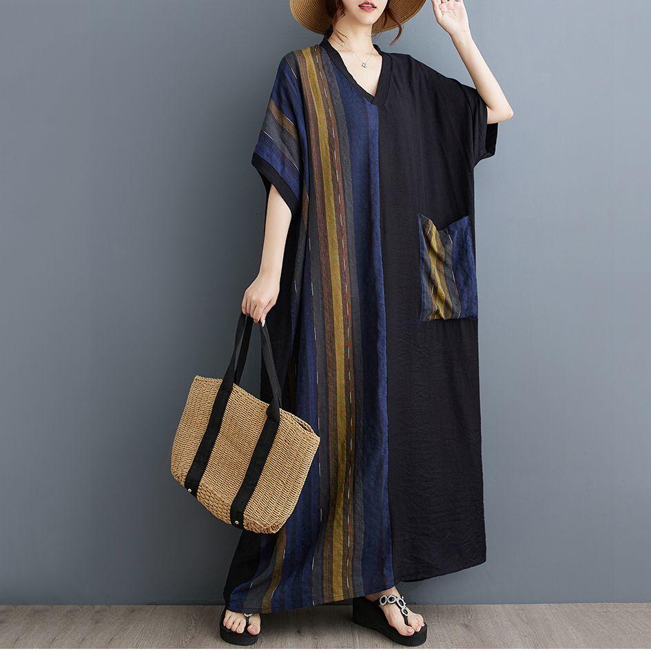 

Летнее тонкое хлопковое и льняное платье с V-образным вырезом, женская длинная юбка с контрастной строчкой One size