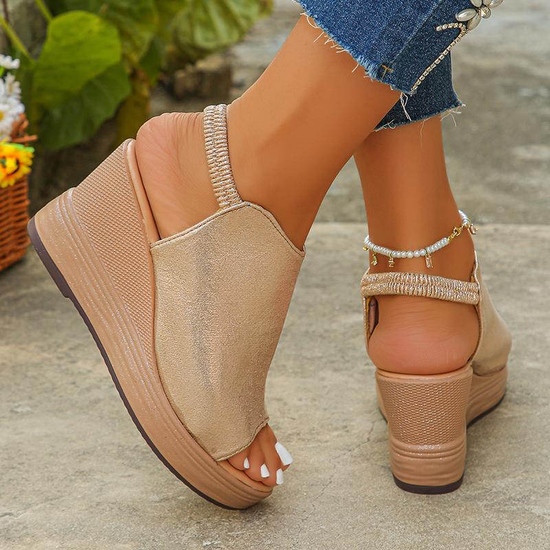 Fashion Gold Platform Wedge Sandals for Women Open Toe Thick Sole Summer Beach Shoes Woman Fashion Elastic Ankle Strap High Heel Sandals