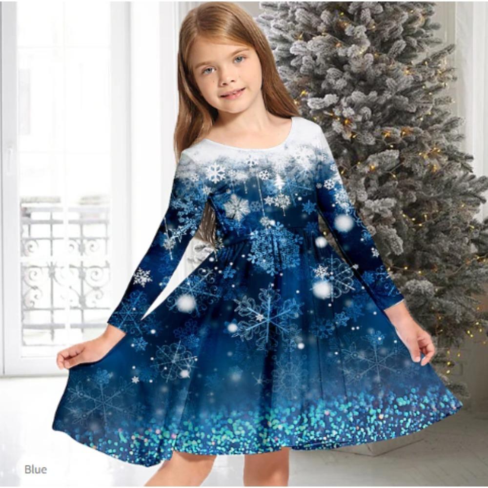 Girl Casual 3D Snow Gradient Print Round Neck Long Sleeve Dress Kid Princess Dress
