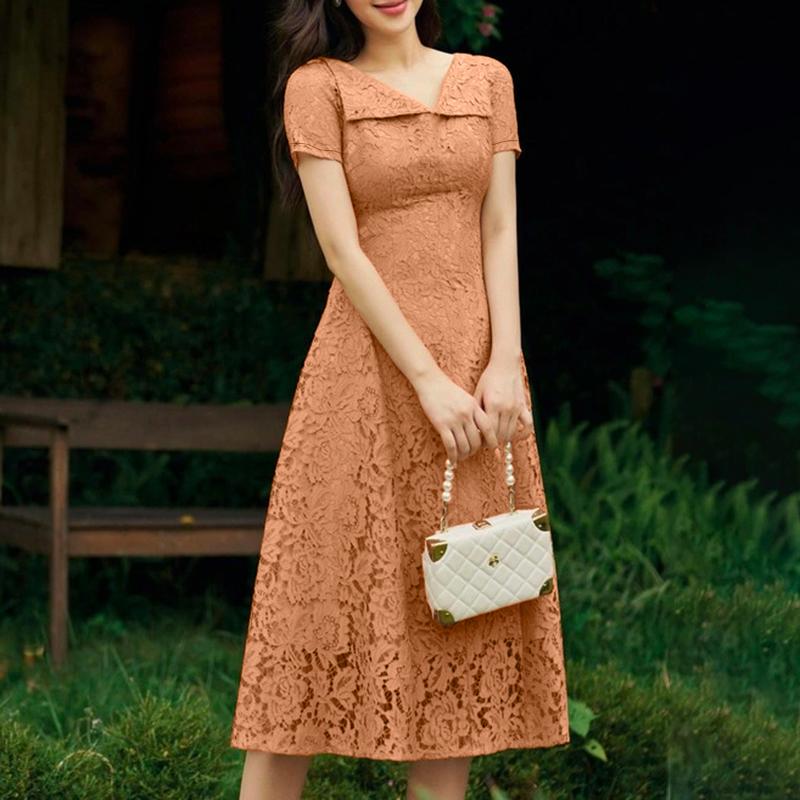 ZANZEA Women Casual V-Neck Short Sleeve Hollow Lace Patchwork Elegant Dress S