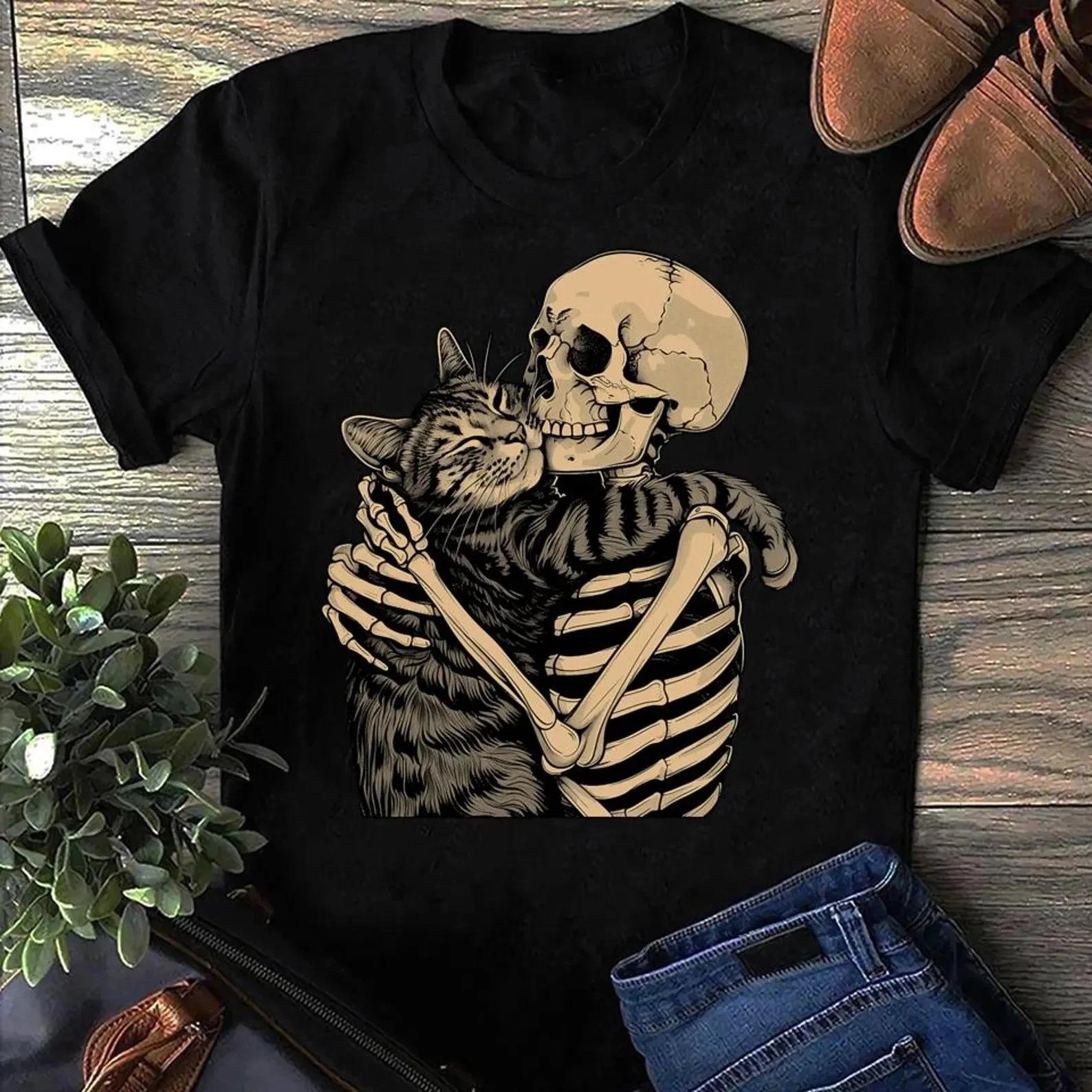 Unisex Adult Casual Graphic Skeleton Hugging Cat Gothic Graphic T-S... XXXL