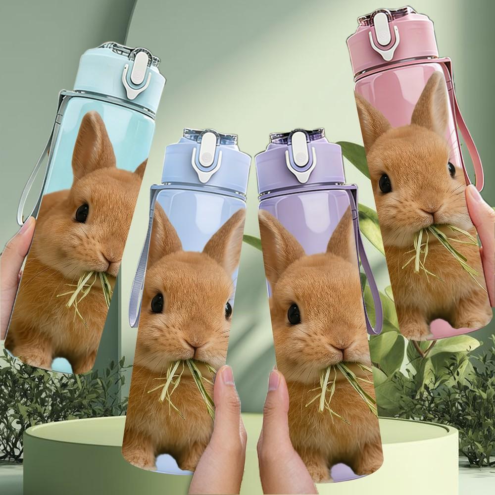 1PC Brown Rabbit Eating Grass Print 750ml Color Plastic Sports Water Bottle Leakproof Flip Straw Lid Suitable for Sports Office Home Use