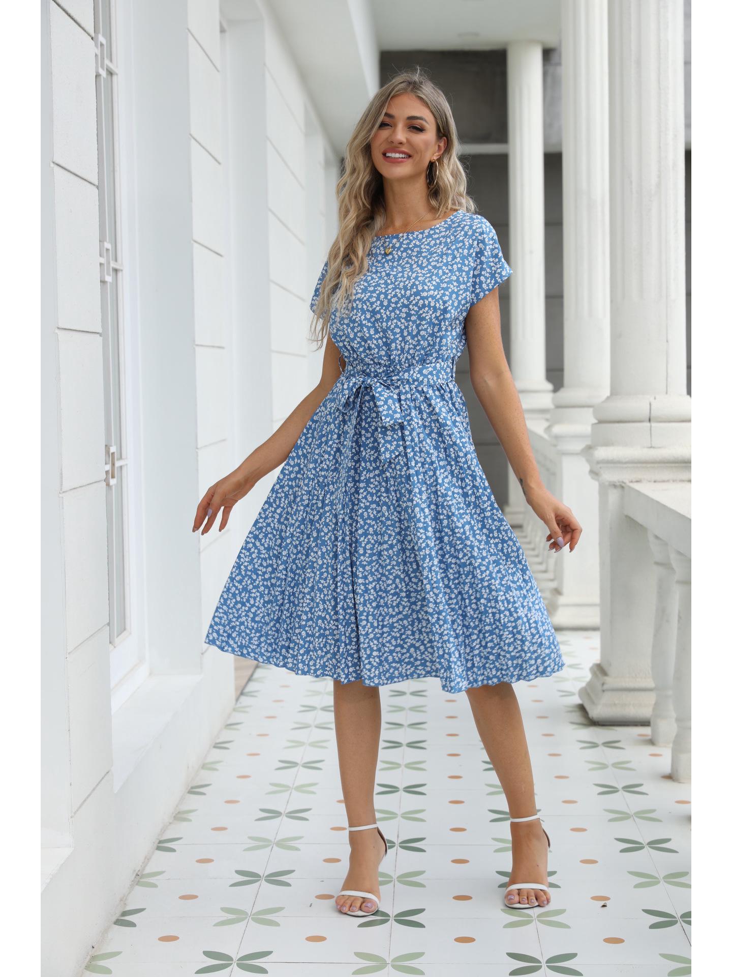 

Летнее европейско-американское платье 2025 года с цветочным кружевом - Повседневное короткое платье с плиссированной юбкой 2XL светло-синий