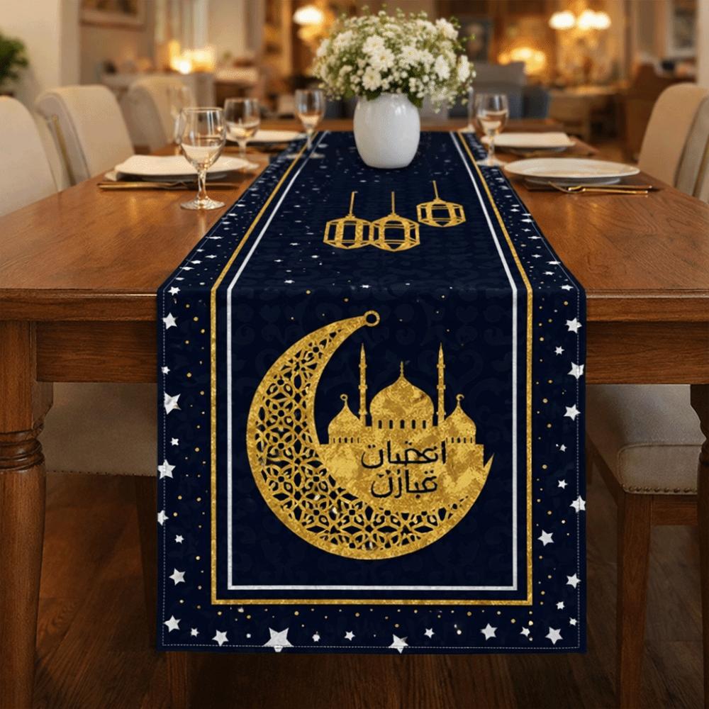 Thickened Ramadan Table Runner Vintage Decorative Star Moon Tablecloth Castle Lantern Pattern Table Cover Islamic Party Decor