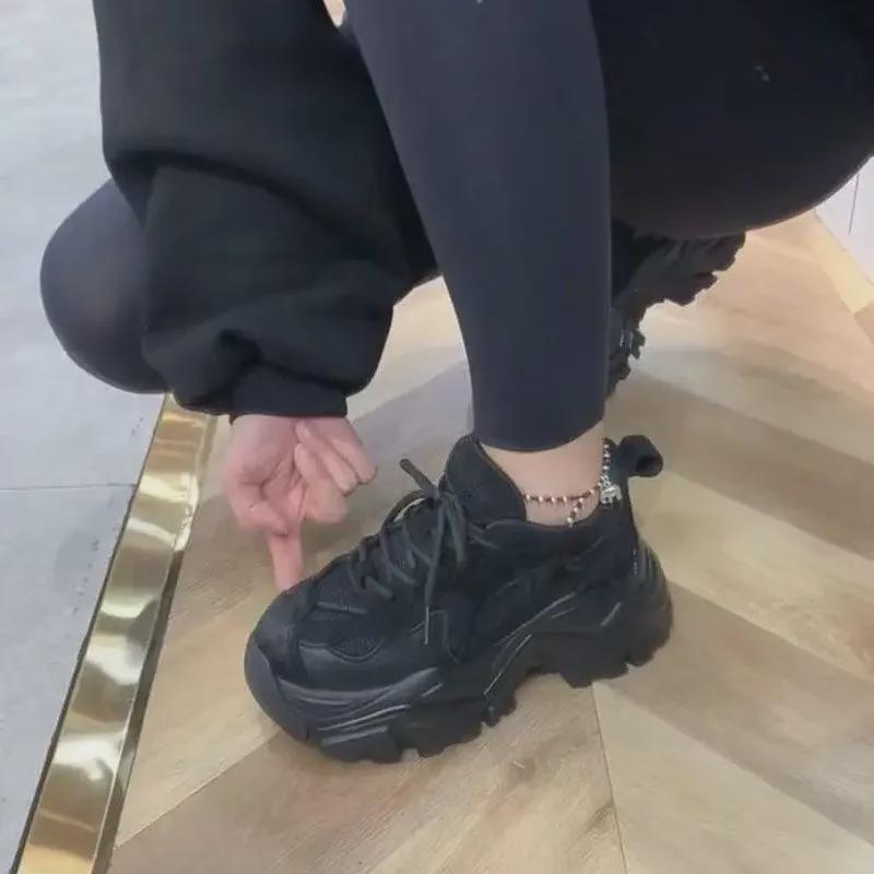 Baskets Dad à Plateforme Noires pour Femmes pour Automne/Printemps 2024 - Style Européen, Tendance Coréenne, Semelle Épaisse pour Hauteur Supplémentaire