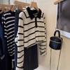Premium Contrasting Color Striped Polo Lapel Pullover Knitted Sweater Women's Autumn and Winter Design Sense Niche Hong Kong Flavor Versatile Sweater