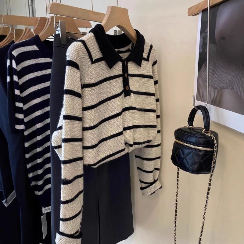 Premium Contrasting Color Striped Polo Lapel Pullover Knitted Sweater Women's Autumn and Winter Design Sense Niche Hong Kong Flavor Versatile Sweater