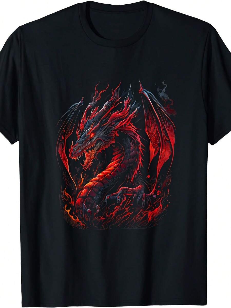 Men S Black T-Shirt Featuring A Red Firedrake Dragon Graphic - Casual Short Sl S