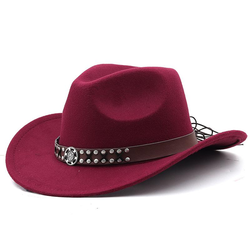 Metal belt brown western cowboy hat autumn and winter woolen felt hat men's and women's European and American top hats outdoor riding cowboy hat