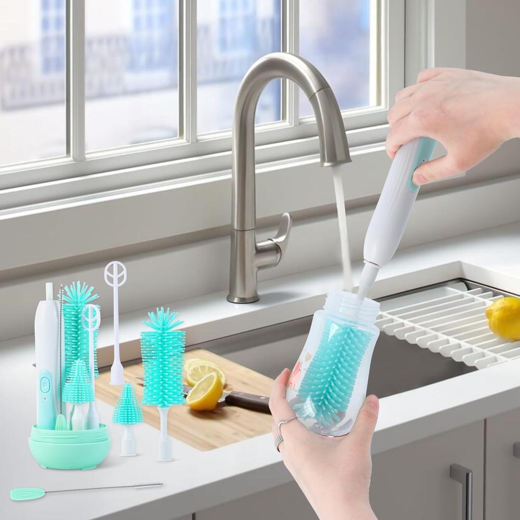 Electric Bottle Brush Cleaner, Electric Baby Bottle Brush Set Including Waterproof Bottle Cleaner, Nipple Brush, Straw Cleaner, Mixer, Bottle Drying