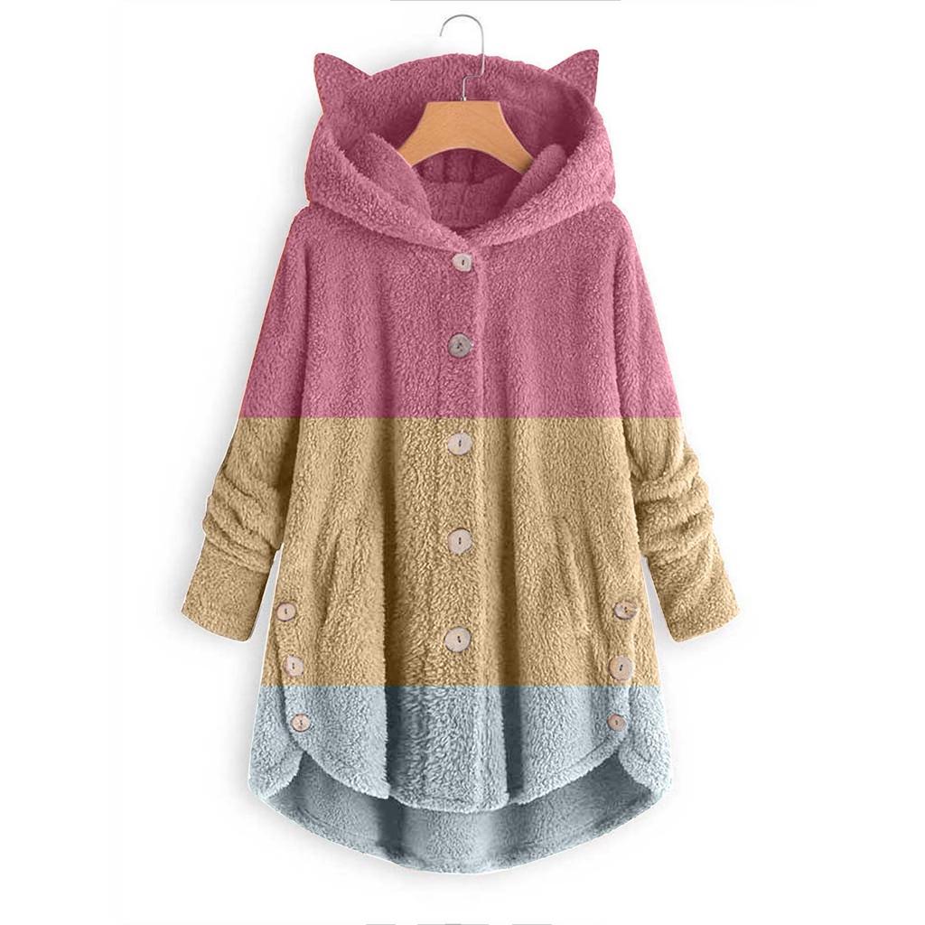Damen Knopf Kapuzenpullover mit Taschen Katzenohren Plüschtop Unregelmäßiger Druck Spleißjacke