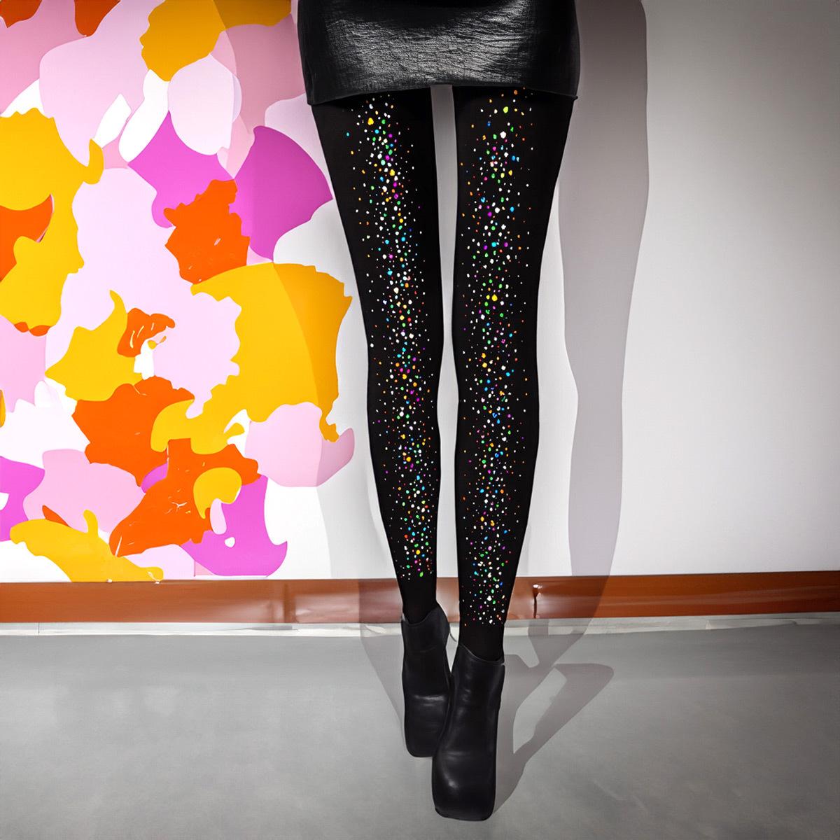 

Spring and Autumn Sexy Black Seven-Colorful Dazzling Rhinestone Embellished Medium Thickness120D Plus-size pantyhose stockings Average Size（40-65KG） чёрный