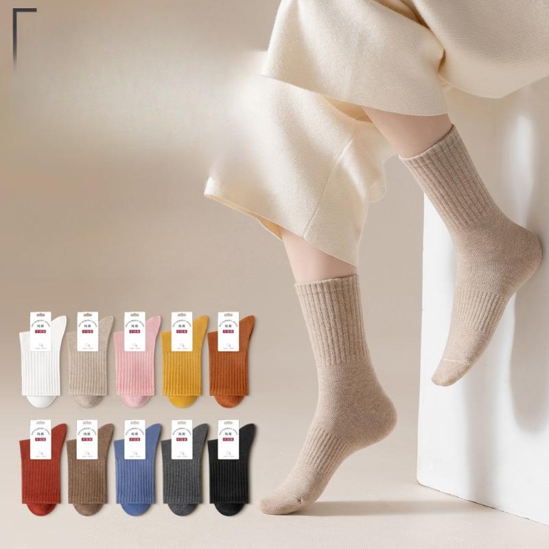 Women's Mid-calf Socks, Boneless Sports Sweat-absorbing Women's Long Socks, Solid Color All-cotton Black Mid-calf Women's Socks