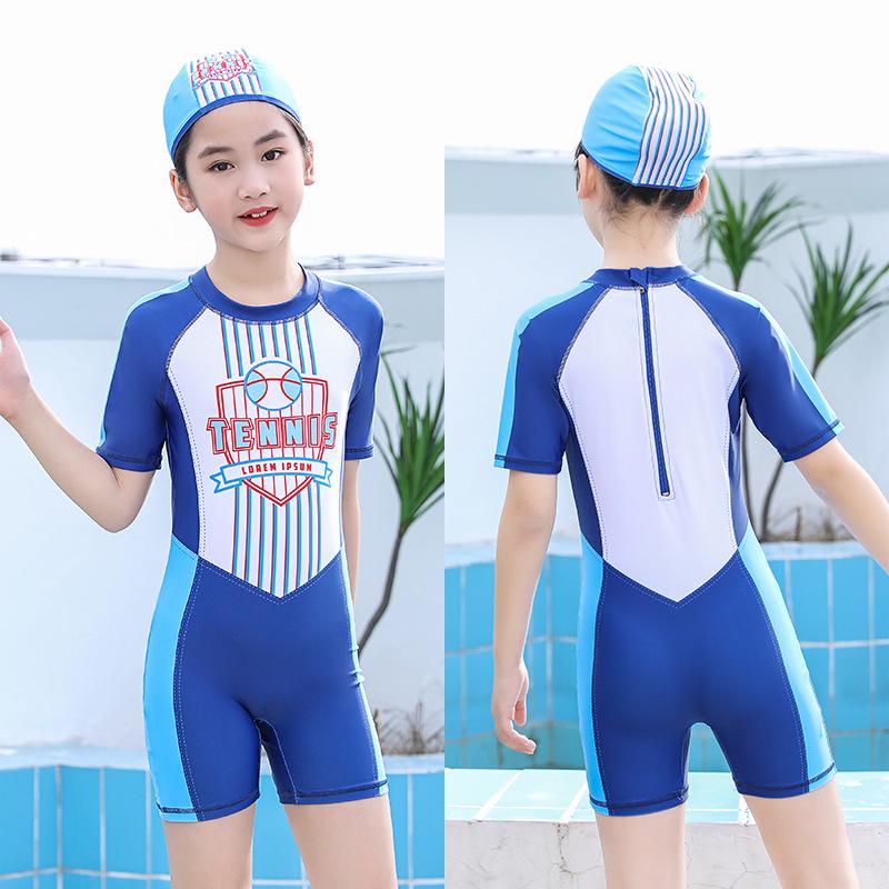 2026 Girls  Short Sleeve Sun-Protective One-Piece Swimsuit - Customizable for Teens 130 with Hat