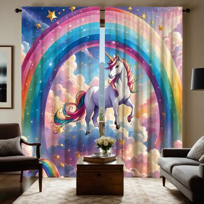2 pezzi Tenda decorativa HD cartone animato Unicorno Arcobaleno Colore cravatta tenda stampata digitalmente Decorazione stile Decorazione casa soggiorno