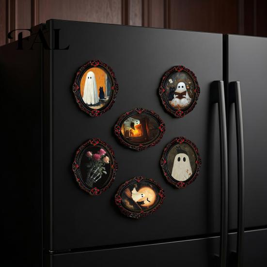 Creepy Crow Home Accents Halloween Wooden Refrigerator Magnets, Vintage Gothic Oval Frame Fridge Magnets with Witch Ghost Decors Castle Art,