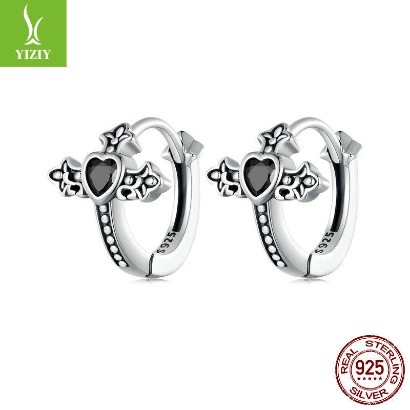 Halloween Vintage Cross Ear Buckles, Ornament Black Zircon S925 Sterling Silver Earrings