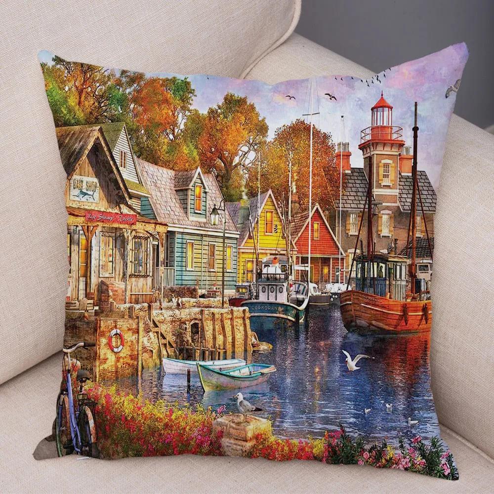 Vintage Colorful Style Coconut Tree Pillow Cover Country House Landscape  Sofa Car Office Cushion  Home Decor