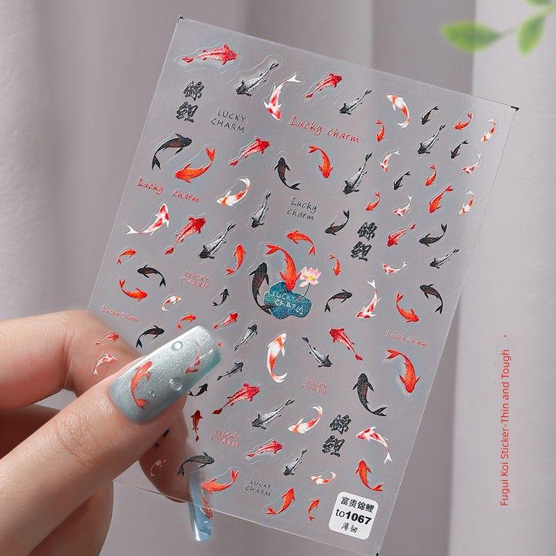 

New Chinese Style National Style Good Luck and Wealth Fancy Carp Shell Light Nail Stickers Nail Ornament Nail Accessories to 1067 rich koi sticker-thin tough