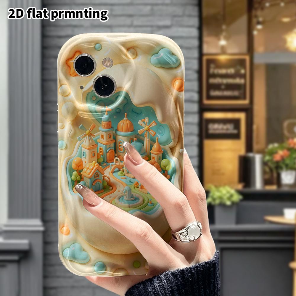 Phone Case: 2D flat design suitable for iPhone 18 17 16 15 14 13 Pro protective case, mini fairy tale town, perfect Christmas and Halloween holiday gi