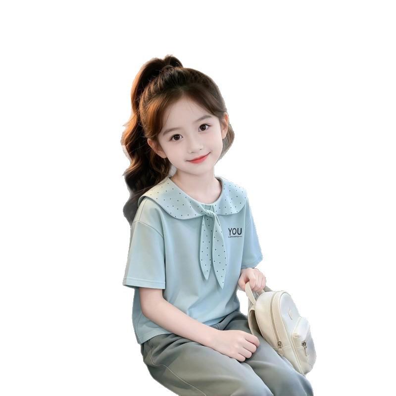 Girls Summer Preppy Peter Pan Collar Short Sleeve T Shirt Casual Cotton Top For Big Kids
