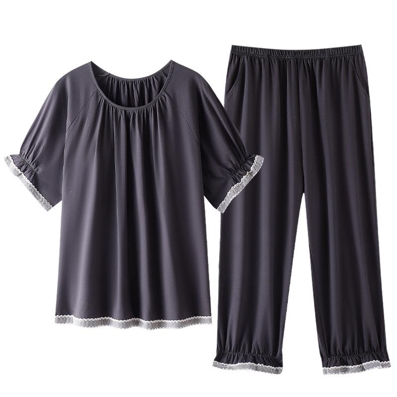 Self-contained chest pad pure cotton pajamas women's summer thin short-sleeved cropped pants sweet cotton loungewear set large size