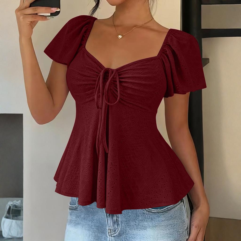 Damska Koszulka Top z Dekoltem V, Sznurkiem do Wiązania, Seksowna, Krótki Rękaw