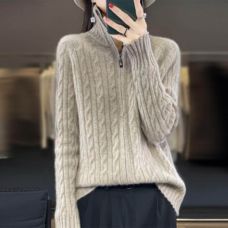 Autumn Winter Women's Stand Collar Cardigan Sweater Zipper Cable Knit Sweater Loose Solid Color Knitted Cardigan Jacket Outerwear