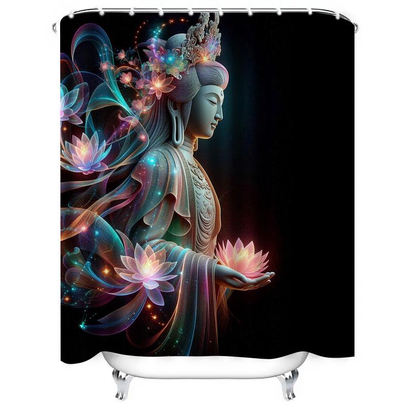 Colorful Buddha with Lotus Flowers Shower Curtain - Waterproof and Mildew-Resistant Bathroom Decor