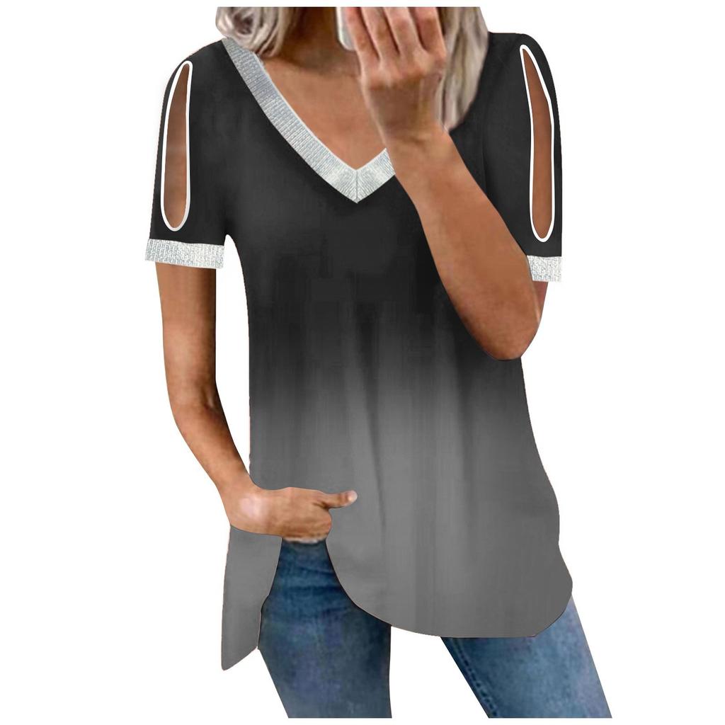 Women's Summer Loose T-shirt Gradient Color Printed Casual V-neck Sequin Short-sleeved Top