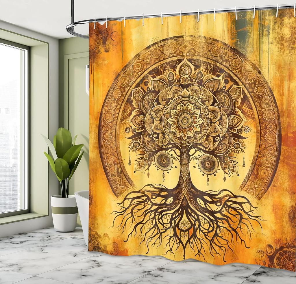 Oriental Atmosphere Warm Tone Mandala Gorgeous Life Tree Shower Curtain, Fabric Bathroom Decorative Shower Curtain With Hook