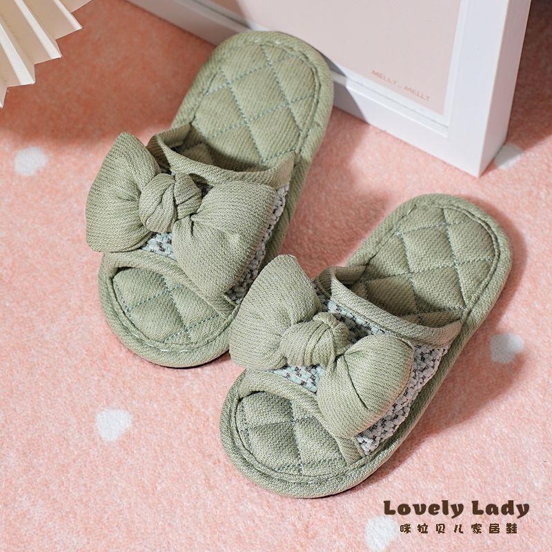 

New Arrival Kids Pure Cotton Fabric Bows Toddler Children Teens Soft Bottom Non-Slip Silent K-style Home Indoor Slippers Girl Green 18-19 inner length 17cm