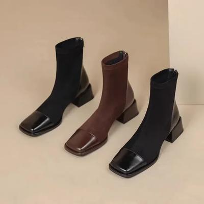 Fashion Women Fashion Square Toe Chunky Heel Short Boots New Autumn Winter Concise Elastic Skinny High Heels Shoes Zapatos De Mujer