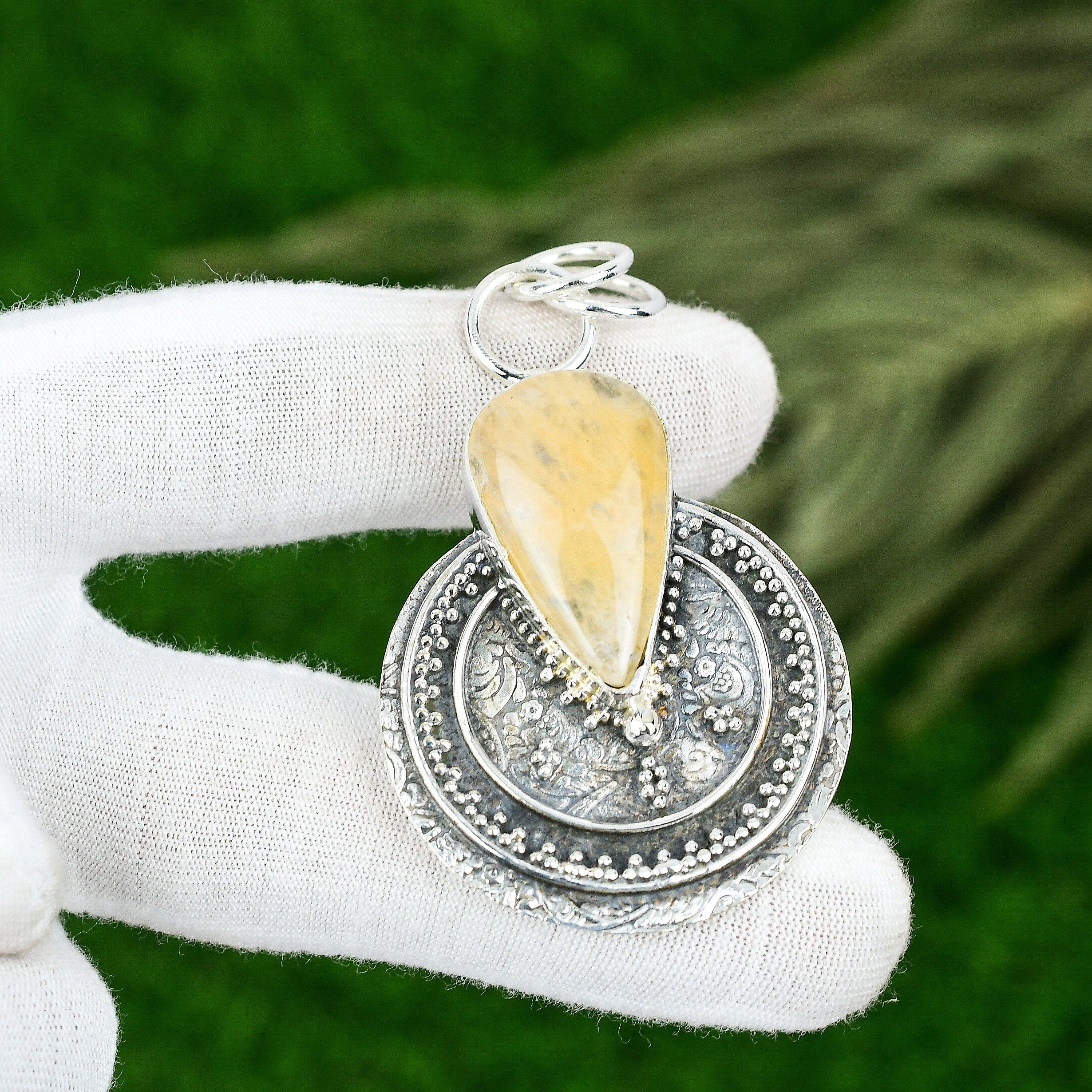 Memorial Day Sale Pear Plume Agate Stone Sterling Silver Wedding Bezel Pendant