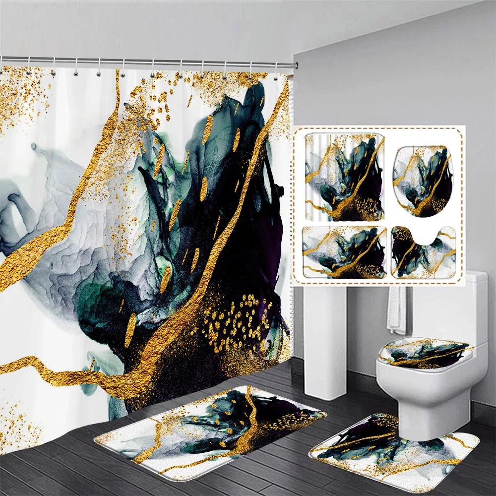 Marble Shower Curtain Set Creative Watercolor Ink Art Geometric Modern Bathroom Decor Floor Rug Bath Mats Toilet Lid Cover