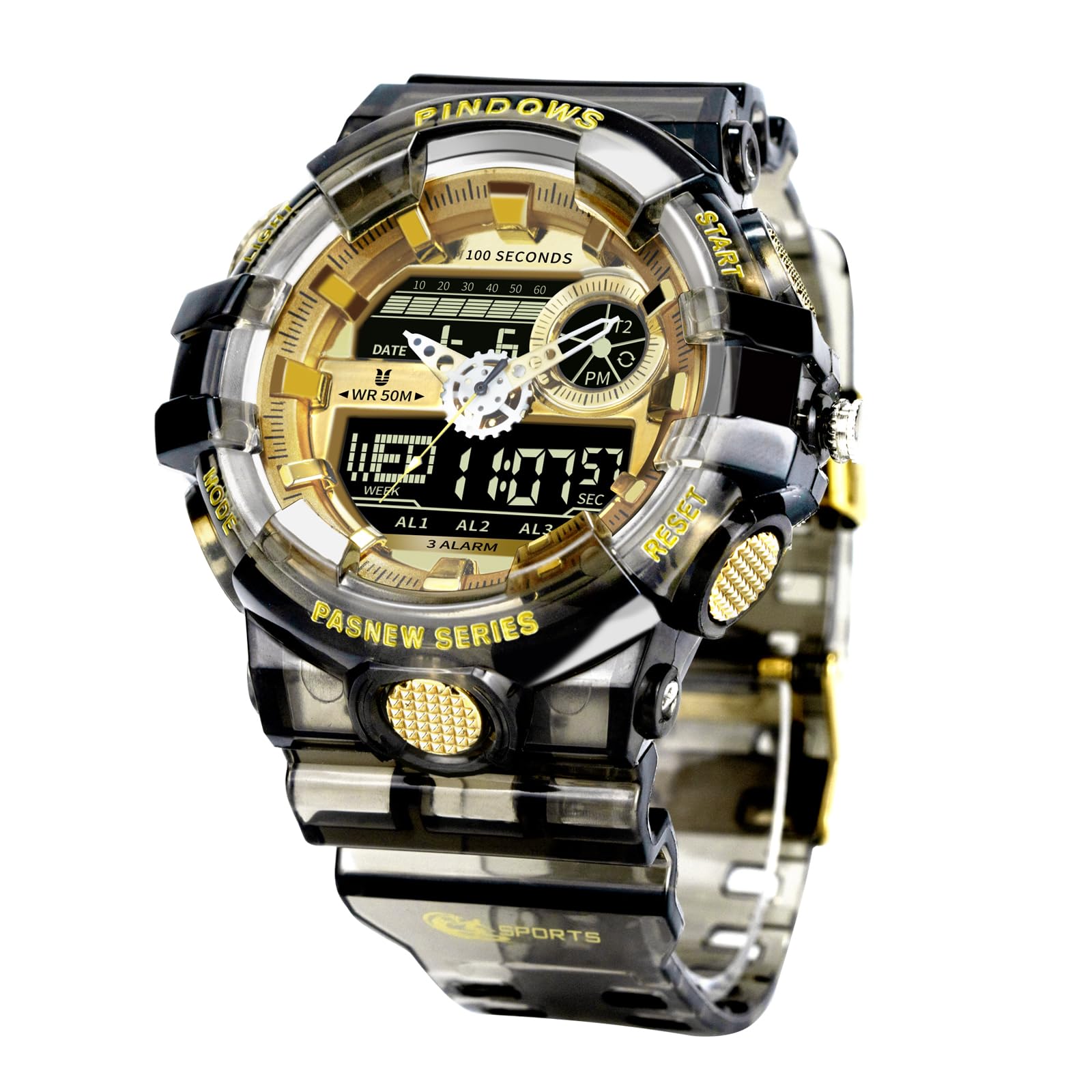 PINDOWS Men s Watch, Men s Military Watch, Outdoor Sports Electronic Watch, Date Display, Multifunction LED Alarm Stopwatch, 50m Water Resistant