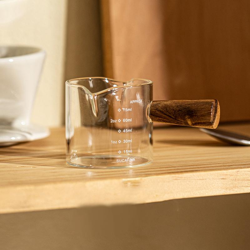 70/100Ml Wood Handle Glass Espresso Measuring Cup Diy Milk Jug Coffee Supplies Ransparent Transparent Kitchen Measure Mug